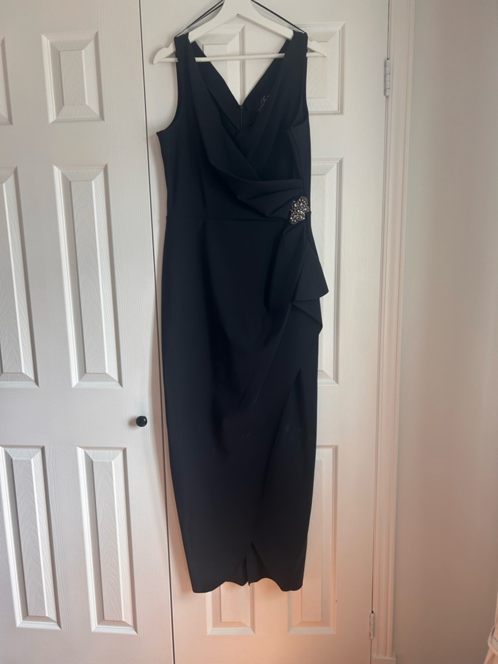 Black Sleeveless Draped Gown with Embellished Waist